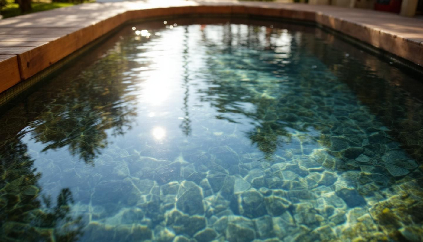 Ein Holzpool, wenn sich Wasser natürlich im Garten einfindet